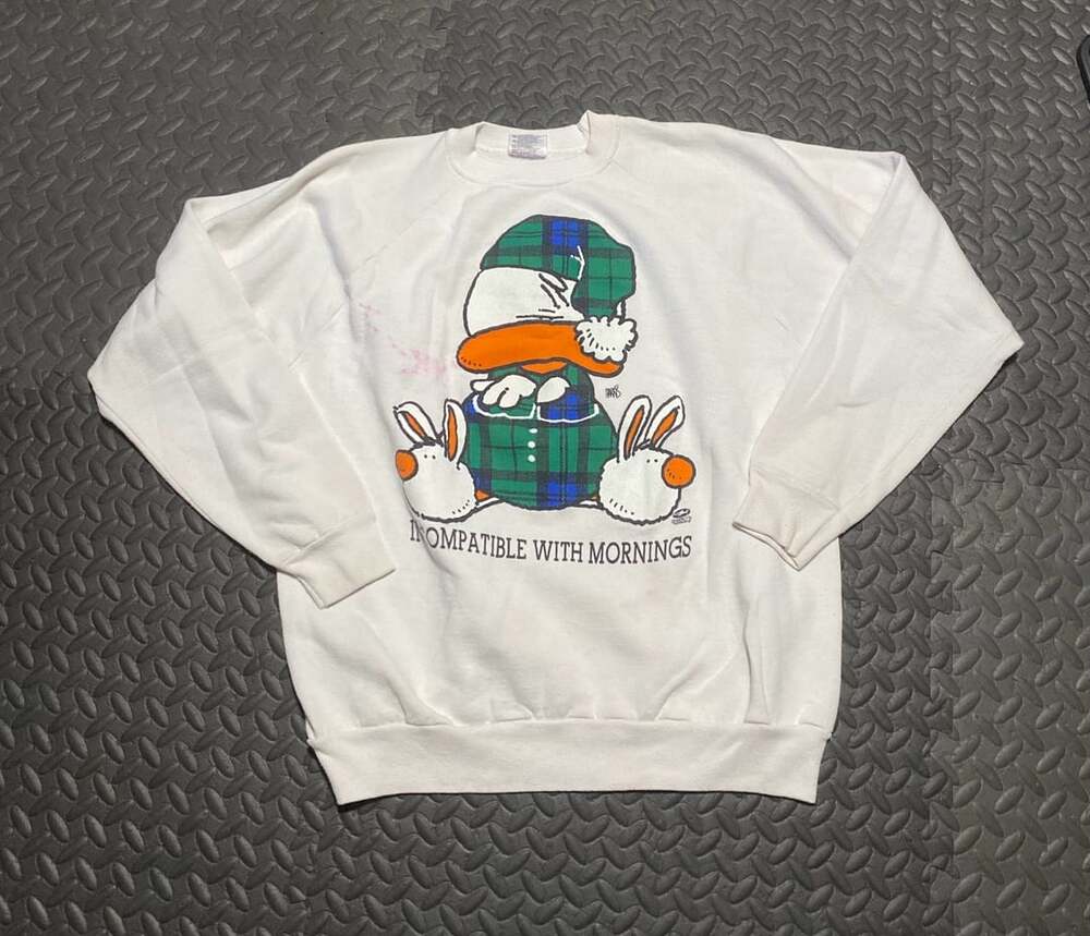 Vintage 80s Incompatible With Mornings Duck in Plaid Pajamas Cartoon Sweatshirt